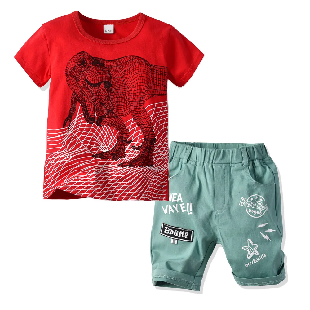 Лето 2019 детский костюм для маленьких мальчиков красный динозавр спортивный с