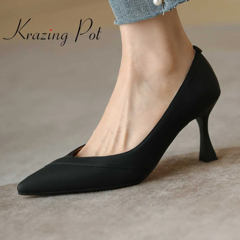 

krazing pot full grain leather pointed toe strange high heels classic colors all-match mature young lady shallow women pumps L21