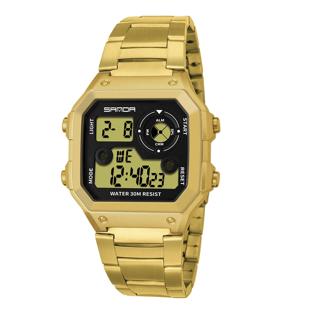 Luxury Brand Mens Fashion Square Digital Led Clock Electronic Alloy Waterproof Sanda 408 Men Sports Wrist Watches relojes hombre