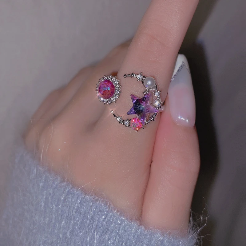 HUANZHI 2020 New Korean Trendy Elegant Color Crystal Inlaid Imitation Pearl Star Moon Alloy Rings for Women Girls Party Jewelry | Украшения