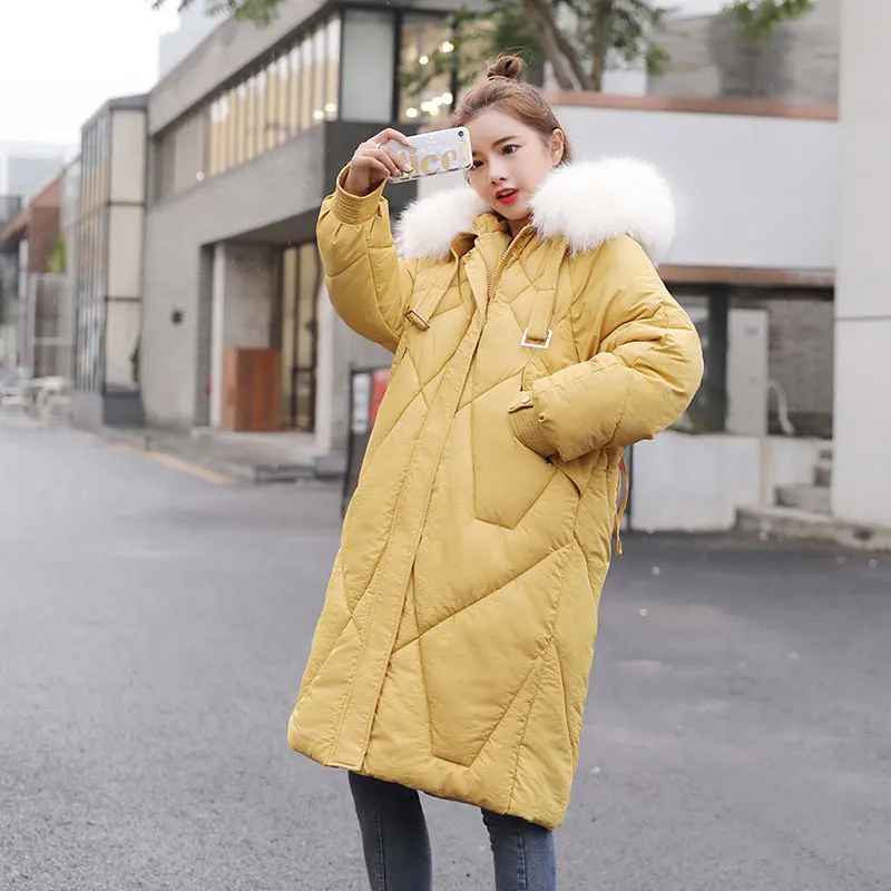YELLOW Женское длинное широкое свободное меховое пальто с капюшоном, зимнее пуховое пальто, Толстая теплая куртка, ватные парки с большим карманом - Цвет: YELLOW