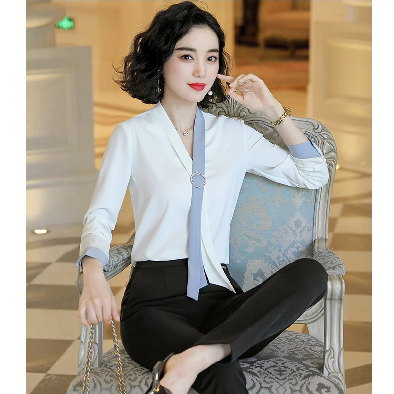 

Spring Autumn Women Blouse Patchwork Chiffon V Neck Long Sleeve New Profession Elegant Female Office Lady Fashion Tops