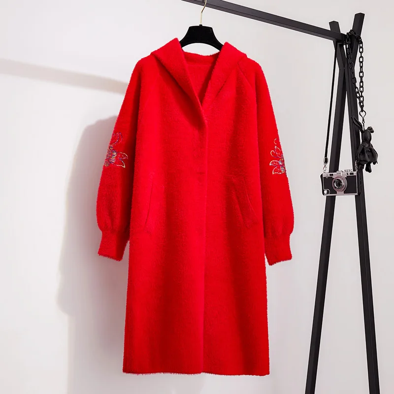 Женское пальто из искусственного меха модное длинное с вышивкой куртка