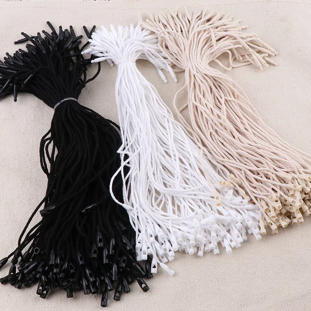 

100PC /lot Plastic Tag White Beige Black Hang Tag Polyester Rope String Snap Lock Pin Loop Tie Fasteners