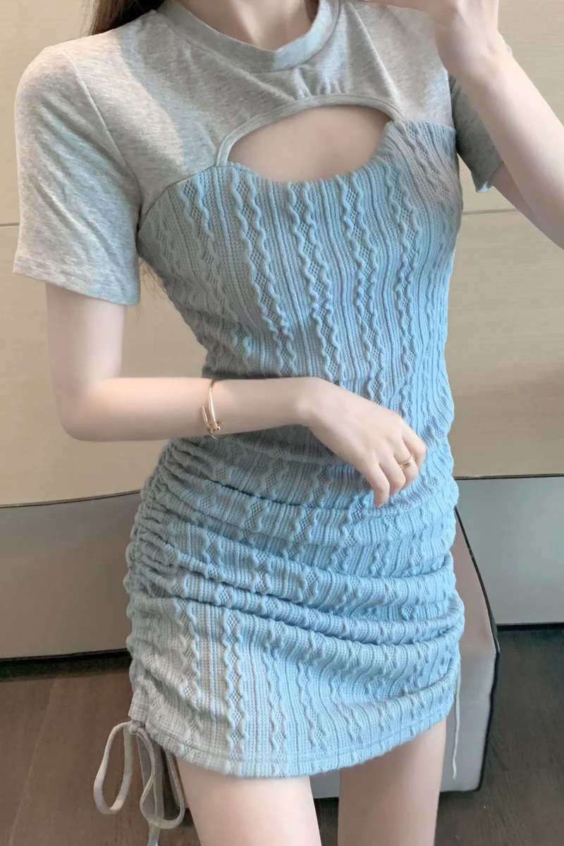 

COIGARSAM Short Sleeve Women dress Hollow Out Dresses Blue Black 0391