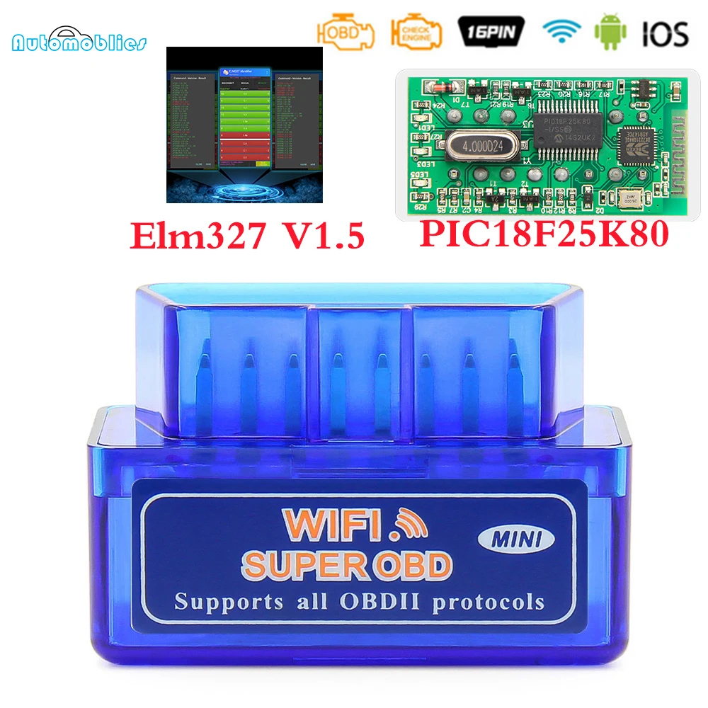 Диагностический сканер ELM327 V1.5 Компактный прибор OBD2 Wi Fi PIC18F25K80 для