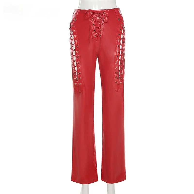 

Chic Hollow Out Bandage Sexy Summer Red Leather Club Trousers Slim Straight Pants Faux PU Y2K High Waist Pants streetwear women