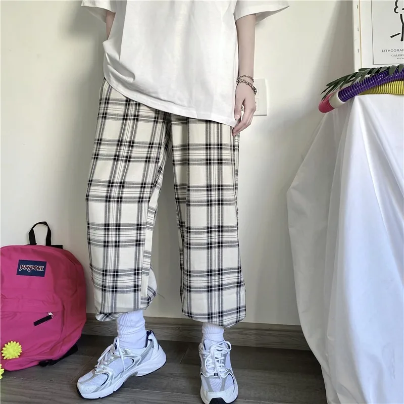 

GOOHOJIO Vintage Plaid Pants Elastic Waist Pants Women High Waist Plus Size Wide Leg Pants Casual Female Korean Trousers Women