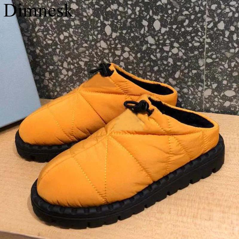 

Winter Flat Thick Sole Down Slippers Women Closed Toe Elastic Band Waterproof Cloth Lazy Mules Warm Home Cotton Shoes Unisex