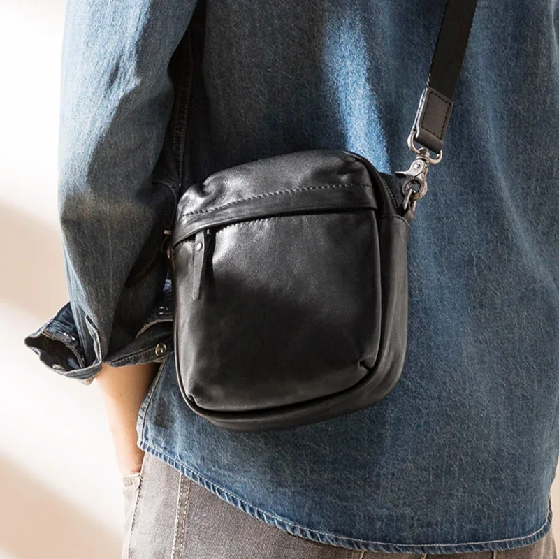 Trendy leather messenger bag, top-layer cowhide all-match mini men's bag, youth casual shoulder bag