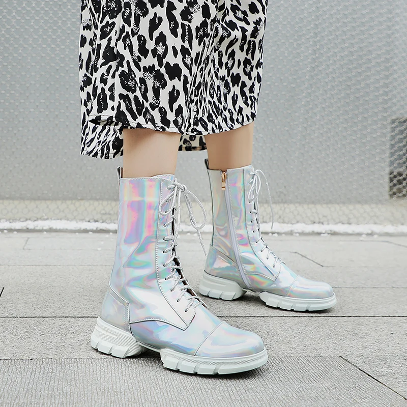 

Fashion Silver Mid-Calf Boots Women Round Toe Thick Heel Work Boots Winter Warm Shoes Large Size Side Zipper Open 2020 Stylish