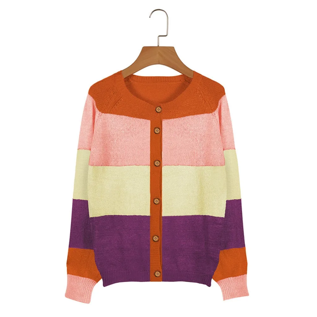 JAYCOSIN вязаный кардиган свитер для женщин 2019 в полоску пэчворк на пуговицах прямой