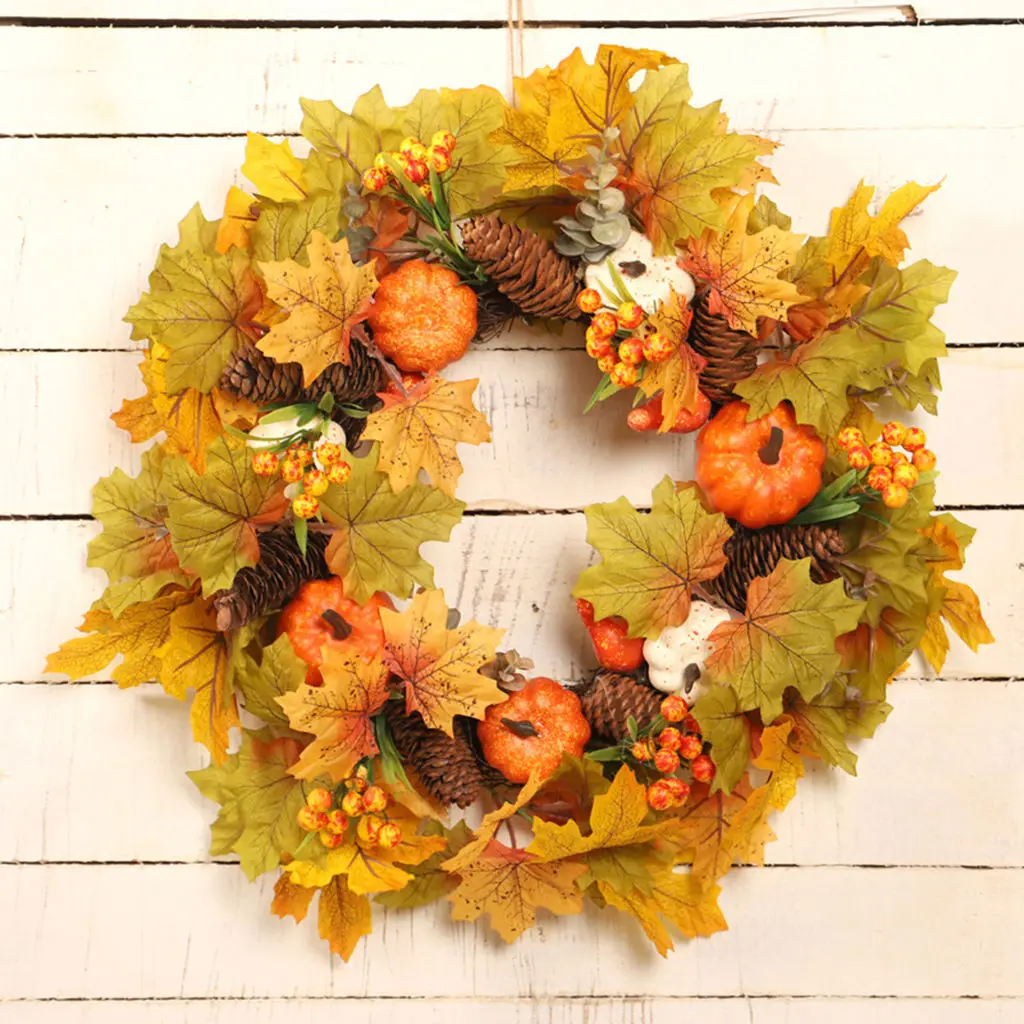 

Fall Wreath 17.7 Inches Pumpkin Maple Leaf Autumn Harvest Door Home Decor