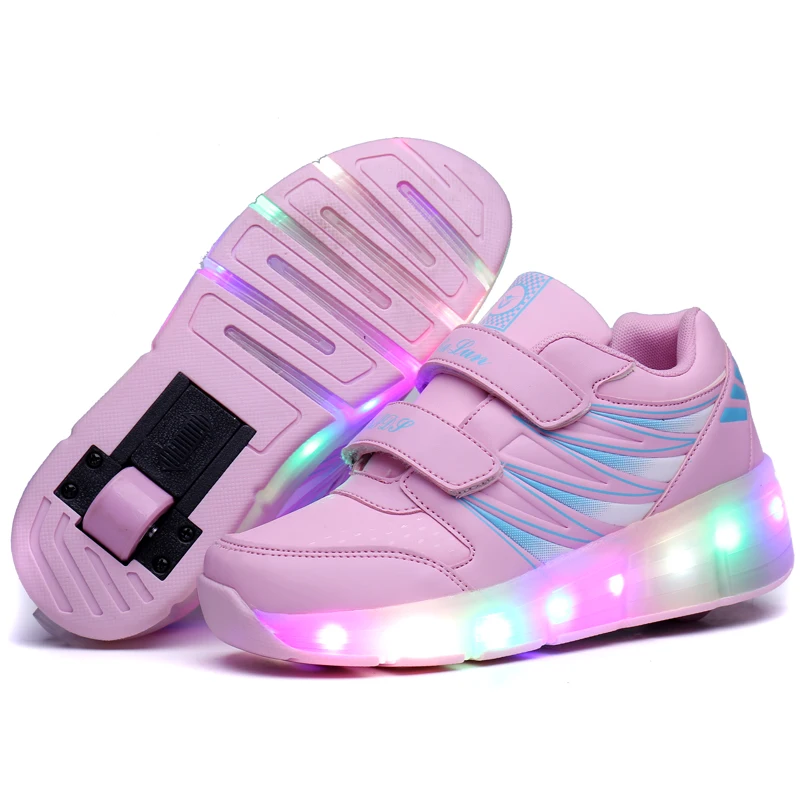 Детские светящиеся кроссовки с колесиками светильник ящиеся роликовые коньки, Спортивная светящаяся обувь для мальчиков, розовые, черные, ... от AliExpress WW