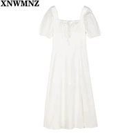 xnwmnz women dress 2021 summer cotton white long dresses puff short sleeve square collar bandage casual vestido de mujer robe