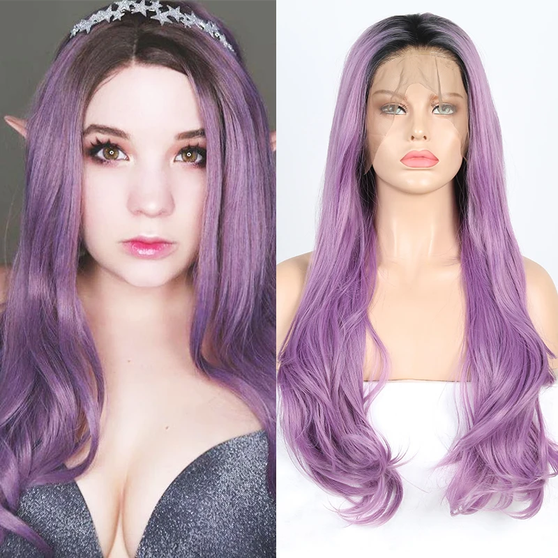 Харизма 13x6 длинный волнистый синтетический кружевной передний парик Омбре фиолетовые волосы кружевные