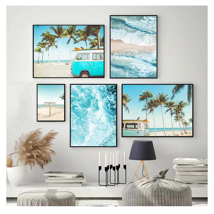

Posters Modern Prints Sea Beach Bus Palm Tree Wall Art Canvas Painting Nordic Decoration Picture Scandinavian Tropical Landscape