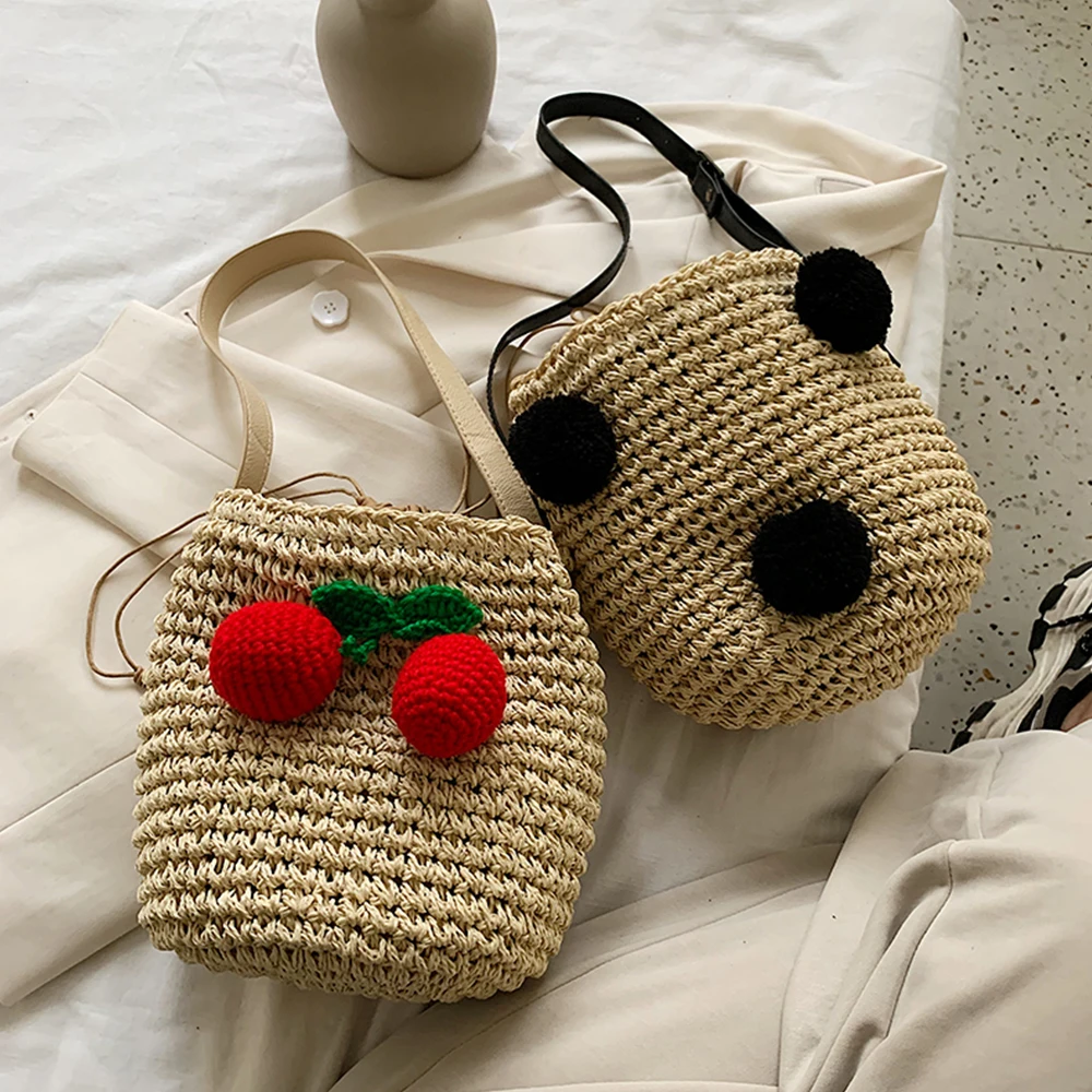Соломенная Сумка-мешок на шнурке для женщин летние плетеные мессенджеры ручной
