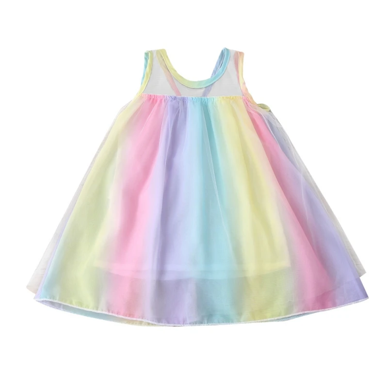 Летнее платье без рукавов для девочек трапециевидная газовая юбка радужная
