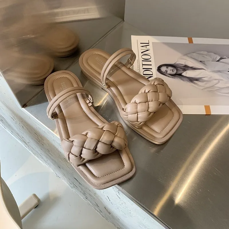 

Шлепанцы женские на платформе, римские сандалии, плоская подошва, плетеные, повседневные однотонные, резина, летние Тапочки