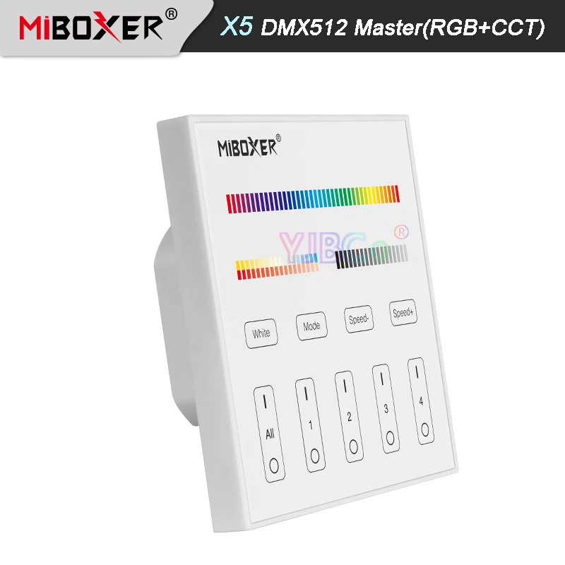 

Miboxer X5 DMX512 Master RGB+CCT Touch Panel AC100~240V 4-Zone DMX512 + 2.4G Wireless Tempered Glass Wall Switch Remote Control