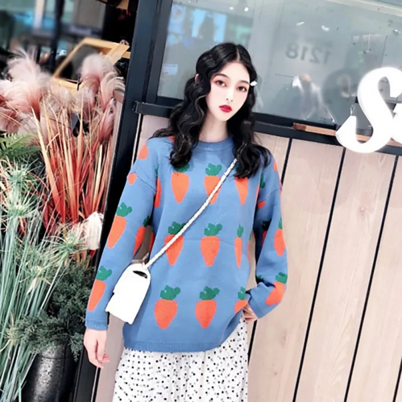 Женский свитер осень-зима новый с принтом моркови повседневный свободный