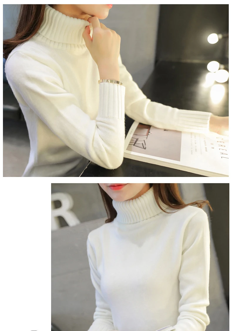 Новинка, осенне-зимние женские вязаные свитера, пуловеры, водолазка с длинным рукавом, Одноцветный тонкий эластичный короткий свитер для женщин