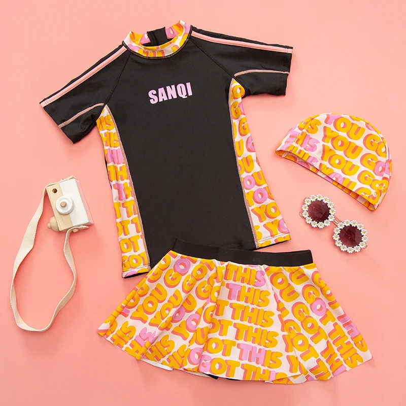 

Girls Letters Swimsuit 2 Pieces Swimwear Kids Short Sleeve Beach Children Bathing Suit With Cap High Neck Shorts Zipper Skirt
