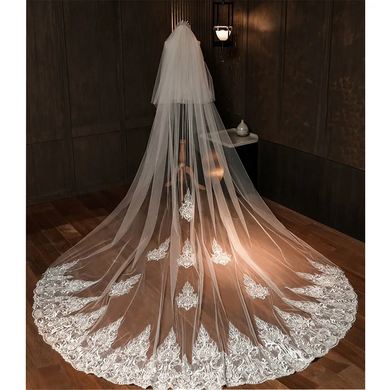 

Korea Fashion Appliques Lace Bridal Wedding Veil Bride's Hair Accessories Veils With Comb Cathedral Church Two Layers
