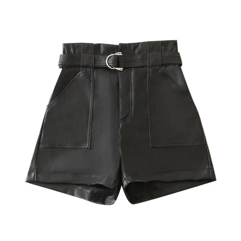 

Women Chic Fashion with Belt Faux Leather Shorts High Waist Zipper Fly Pockets Female Short Pants