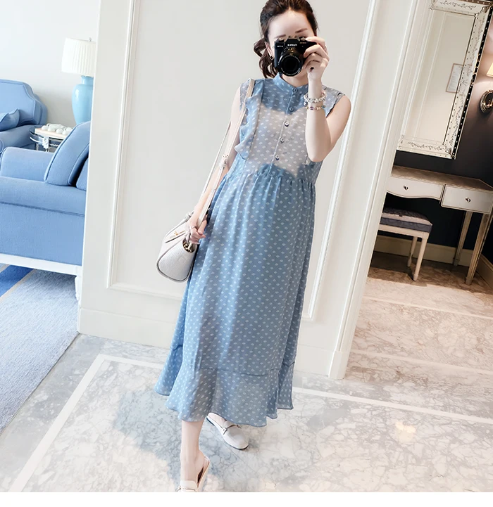 Новое платье без рукавов в горошек длинное летнее Одежда для беременных Платья