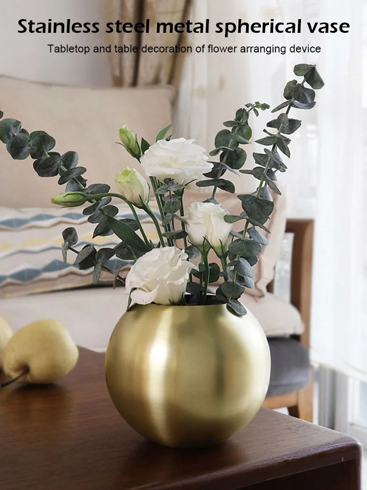 

Stainless Steel Vase Unbreakable Metal Flower Vase Home Decor Living Room Decoration Round Polished Flowerpot Minimalist Crafts