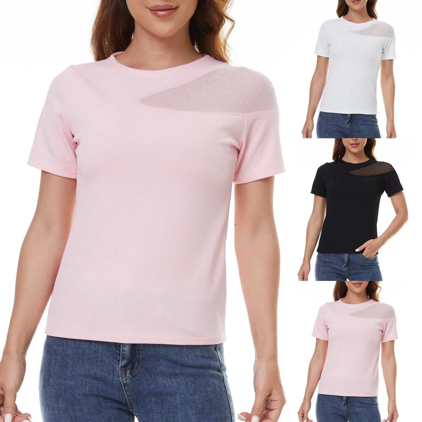 

Футболка женская оверсайз, модный сетчатый однотонный топ со стразами, Повседневная рубашка с круглым вырезом и коротким рукавом, на лето