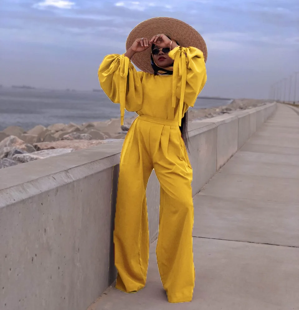 

Solid Color Fashion Clothes Women Office Sets 2 Pieces Outfits Long Sleeve Pullover Top Tunic Wide Leg Pants Trousers Wholesale