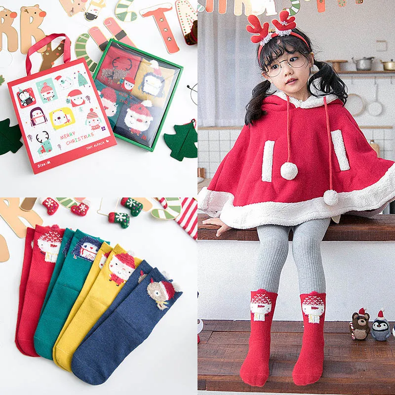 4 Pair New Infant Baby Children Boys Girls Cotton Christmas Style Long Socks Cute Cartoon Design Comfortable Gift Box |