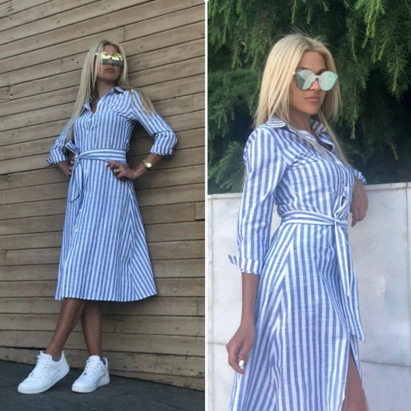 

2020 Women Casual Blue Striped Sashes Dress Lady Long Sleeve Turn-Down Collar A-line Party Dress Vintage Summer Women Dresses