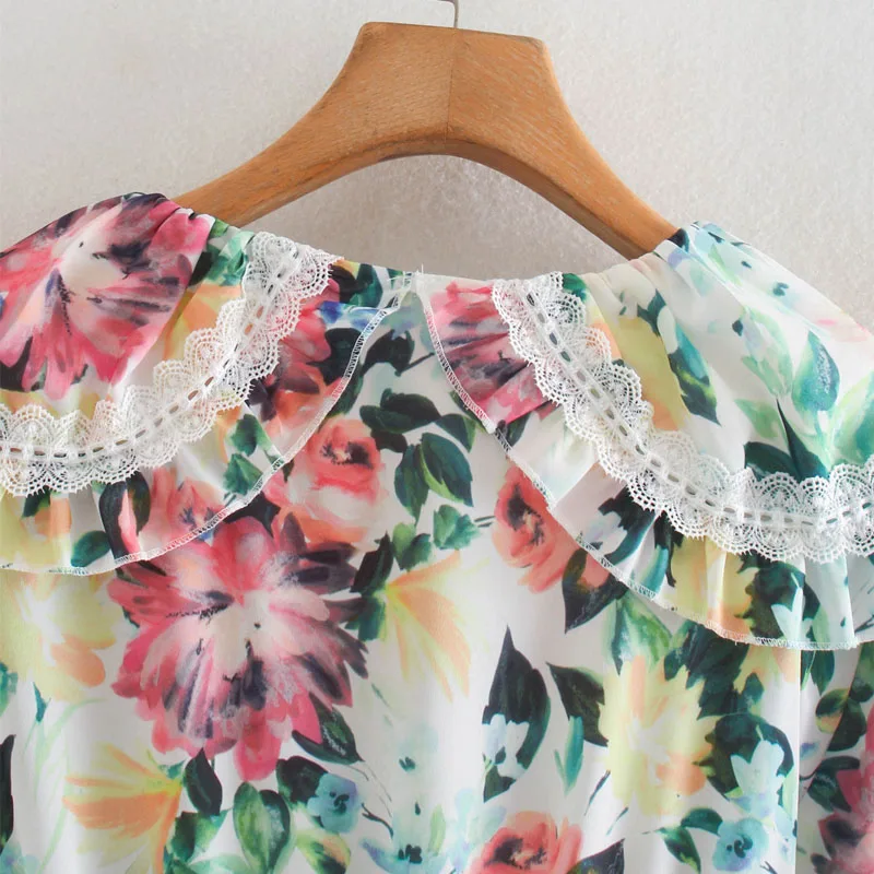 

Vintage Floral Print Lapel Long Sleeve Women's Asymmetric Dress Sweet Lace Edge Fashion Chic Female Dresses