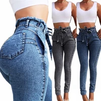 hot new style tassel jeans for women high waist high stretch slim fit woman denim trousers casual belt bandage jeans