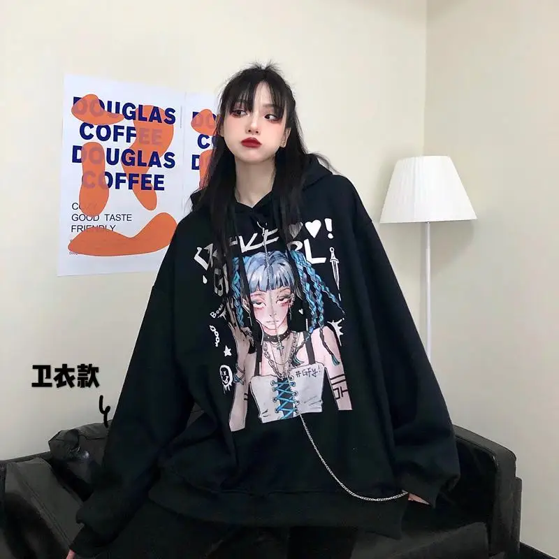 

Harajuku Japanese Girls Letters Print Long Sleeve Fleece Warm Chain Hoodies Women Winter Loose Pullovers Hooded Sweatshirt Tops