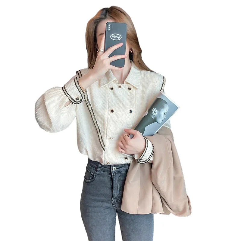 

COIGARSAM Chiffon Shirt Womens tops New Spring Women shirts Apricot White 445