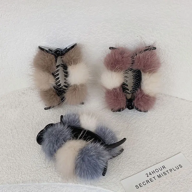 

Plush Ponytail Bun Hair Clamps Faux Mink Fur Hairpin Splicing Colors Furry Hair Clip Elegant Barrettes Headwear Hair Accessories