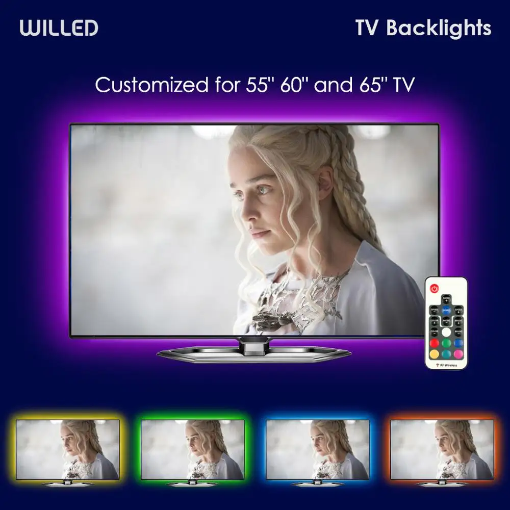 Светодиодная подсветка ТВ Беспроводной USB свет для 55 ''полоса RF RGB 60 65 дюймов 12
