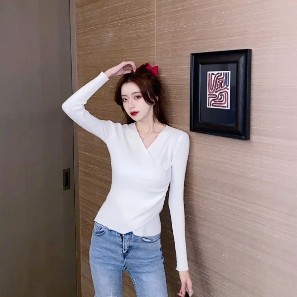 

Осенне-зимний облегающий пуловер с V-образным вырезом и длинным рукавом