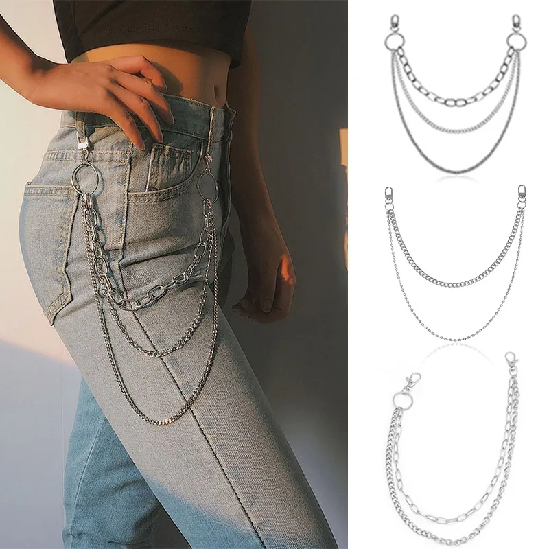 

В стиле панк, в стиле «хип-хоп» Брюки с высокой талией цепочка для двух или трех Слои кольцо Стразы ремень цепочка для ключей для мужчин и жен...