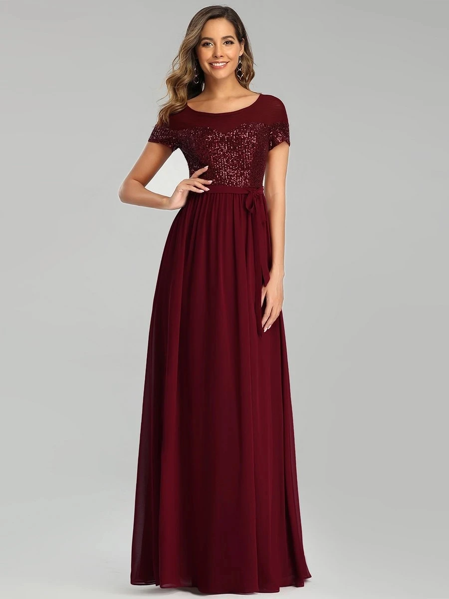 

O Neck Chiffon & Sequin Evening Dresses with Belt and Short Sleeve