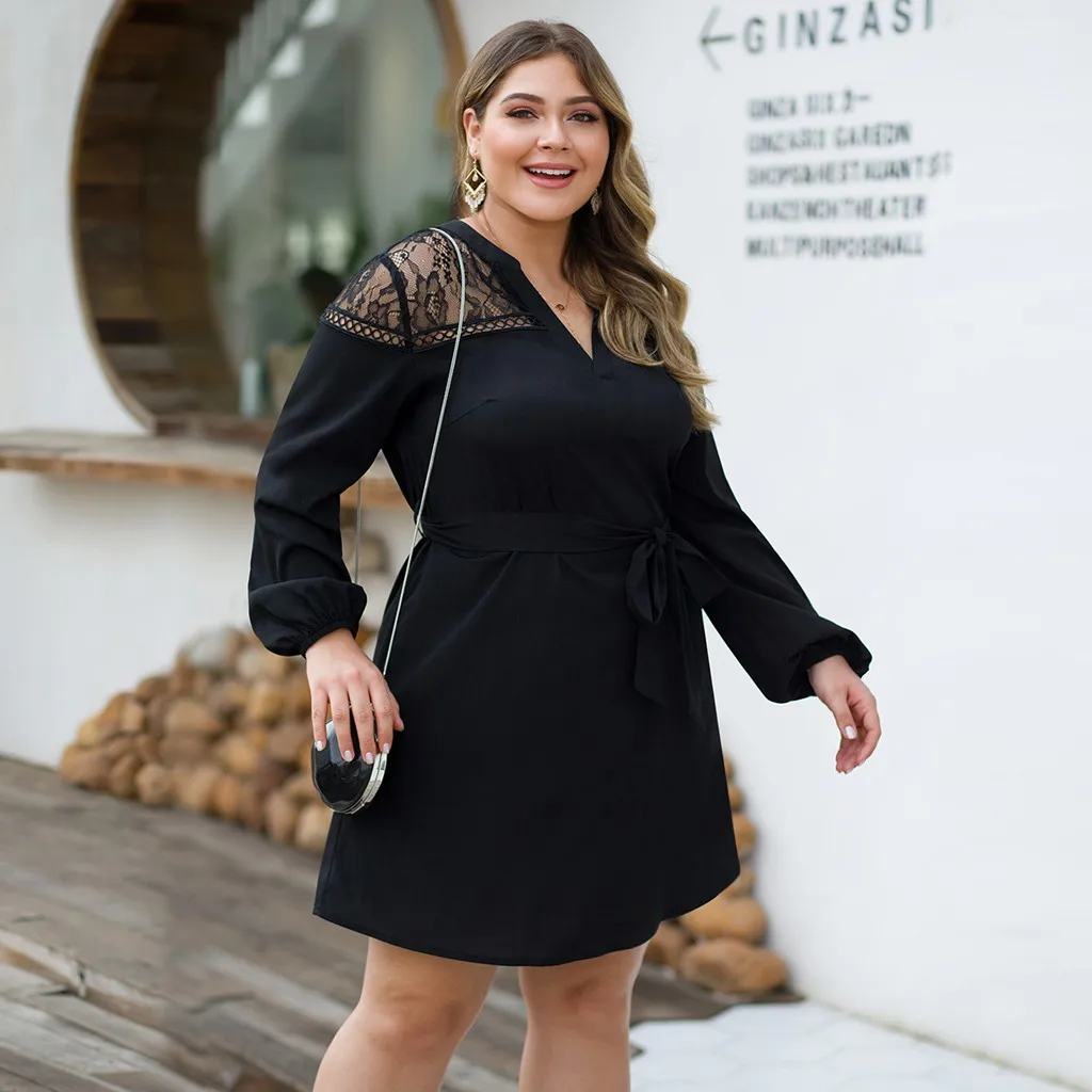 Женские Большие размеры Sexy сексуальные однотонные цветные ленты кружева сшивание Гофрированные Рукава Мини платье трапециевидной формы платье Z4