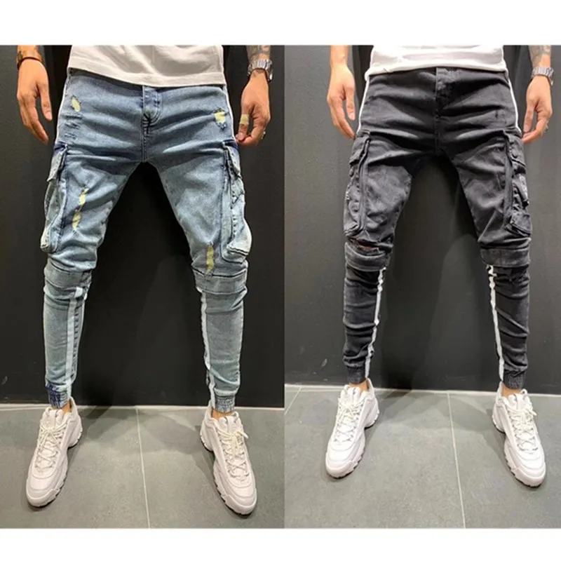 Мужские джинсы с боковой полосой брюки карандаш в стиле хип хоп зауженные со