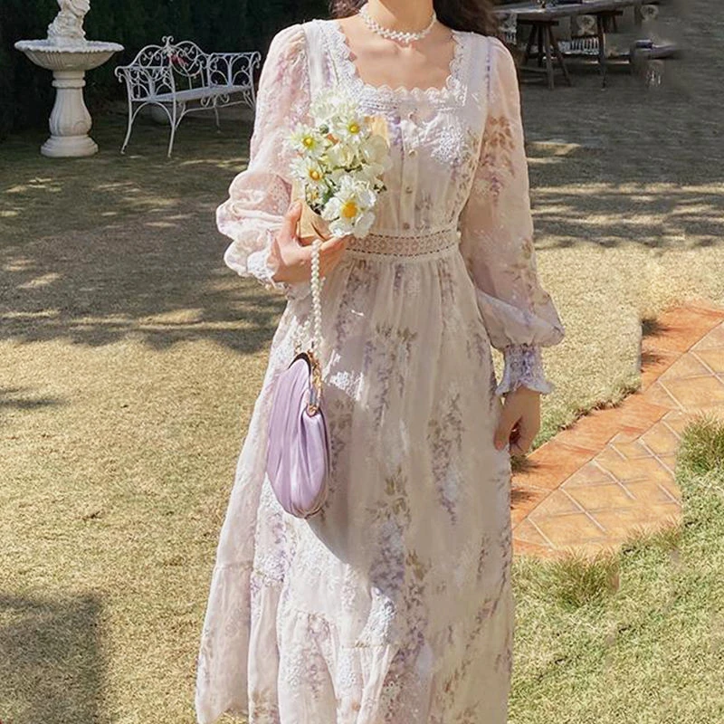 

Evening Party Floral Dresses Women Lantern Sleeve Midi Elegant Vintage Dress Female Sweet 2021 Summer One Piece Dress Korean