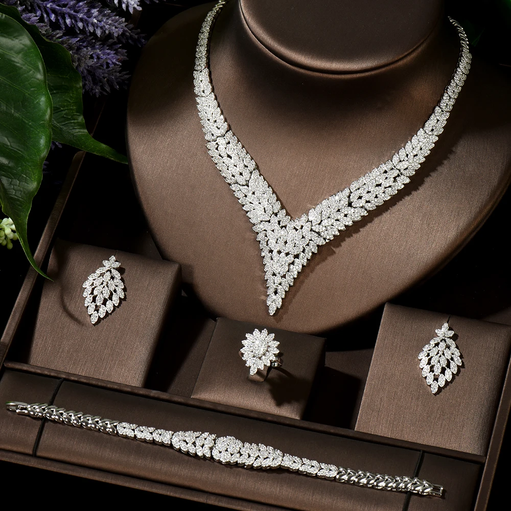 

HIBRIDE Beauty Leaf Design Luxury White Gold Women Wedding Naija Bridal Cubic Zirconia Necklace Dubai Dress Jewelry Set N-1487