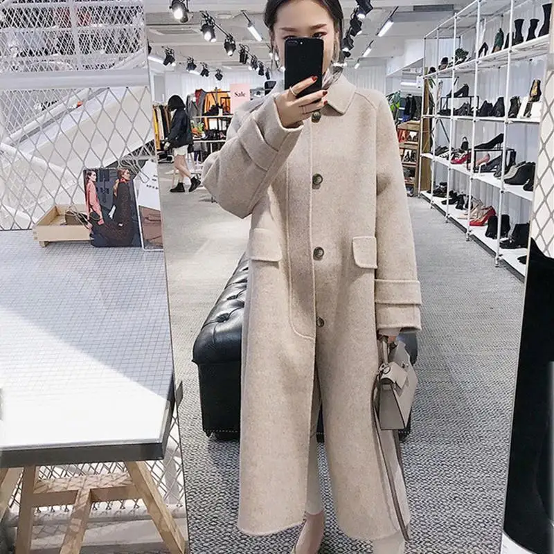 Зимнее шерстяное пальто с длинным рукавом для женщин, корейский стиль, Casaco Feminino, женские осенние зимние новые тонкие длинные шерстяные пальто